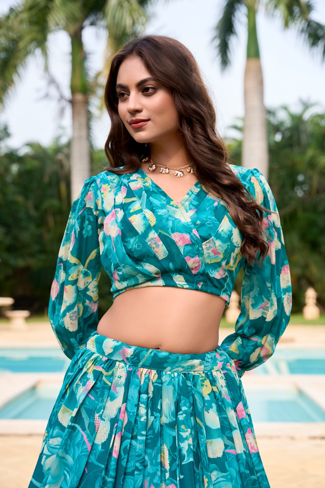 Georgette Chex Lehenga & Blouse Teal Floral Co-Ord Set for Women