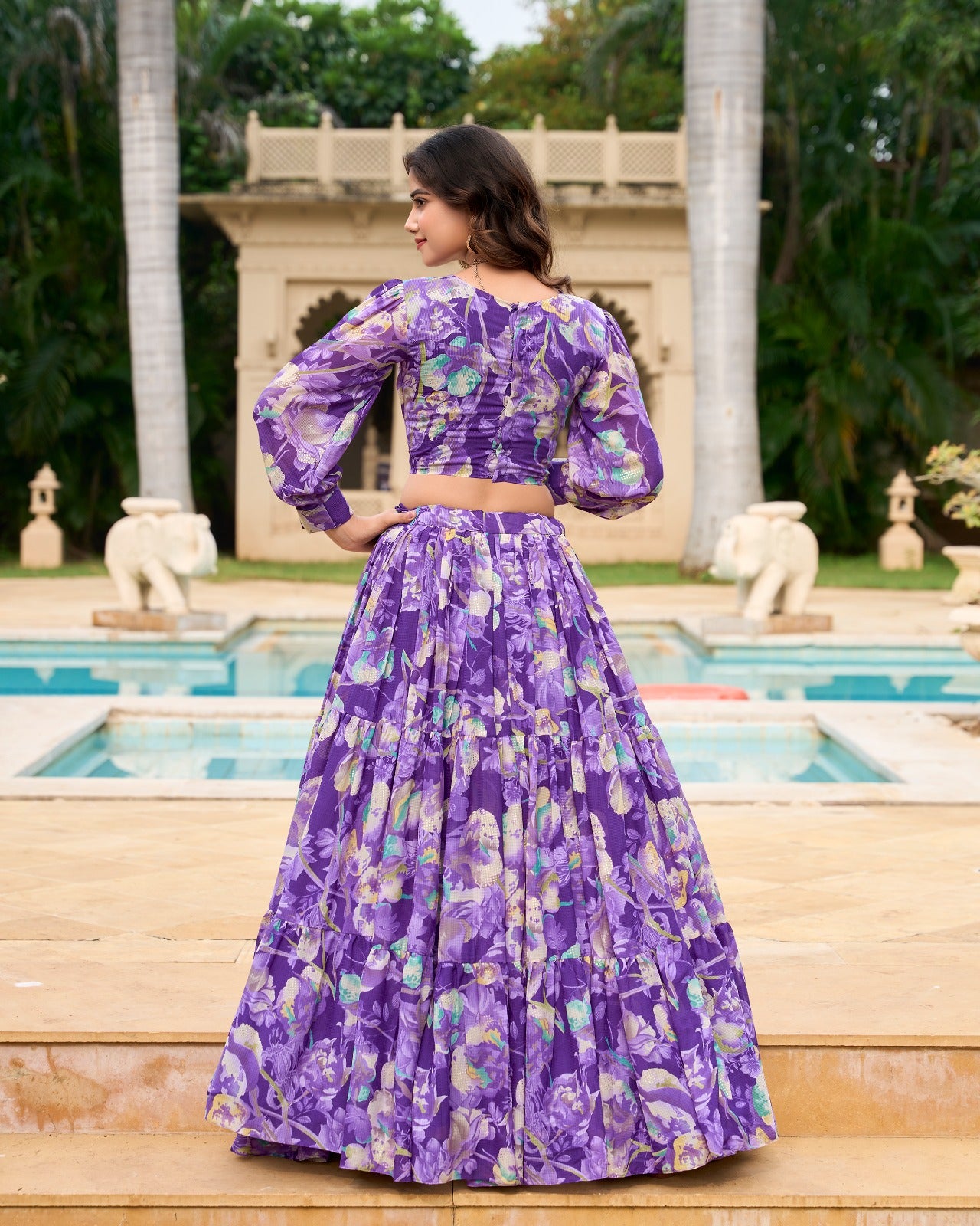 Georgette Lehenga & Blouse Purple Floral Co-Ord Set for Women