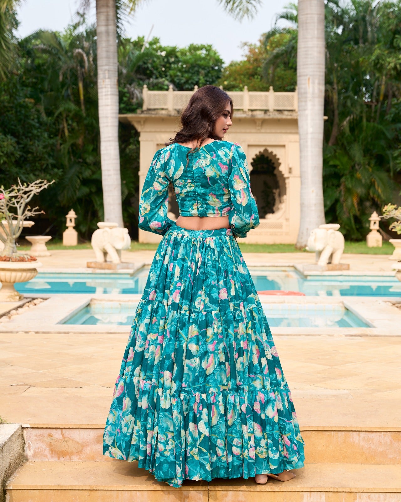 Georgette Chex Lehenga & Blouse Teal Floral Co-Ord Set for Women