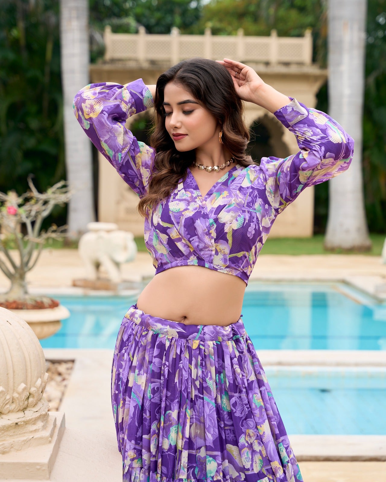 Georgette Lehenga & Blouse Purple Floral Co-Ord Set for Women