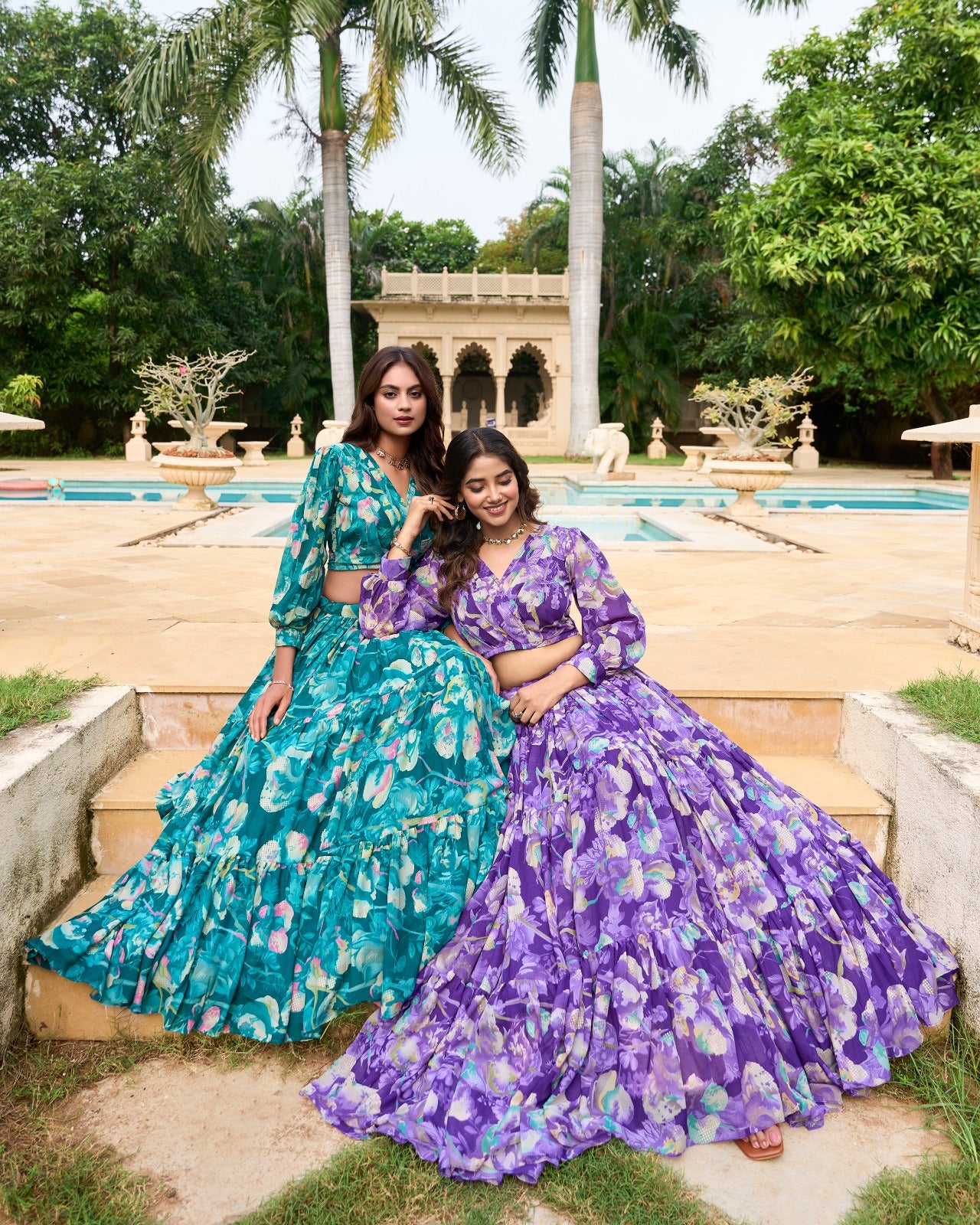Georgette Chex Lehenga & Blouse Teal Floral Co-Ord Set for Women