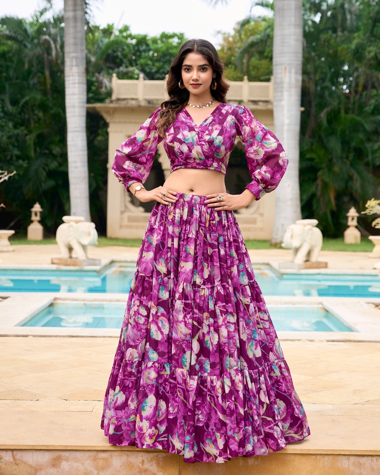 Georgette Lehenga & Blouse Wine Floral Co-Ord Set for Women