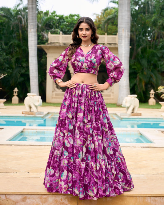 Georgette Lehenga & Blouse Wine Floral Co-Ord Set for Women