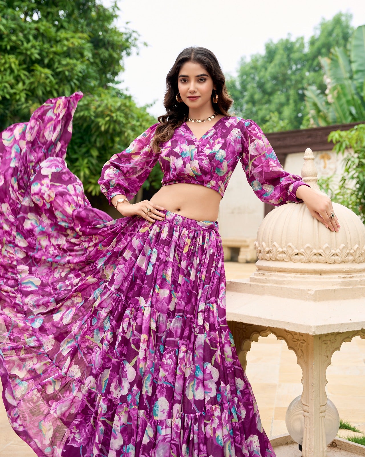 Georgette Lehenga & Blouse Wine Floral Co-Ord Set for Women