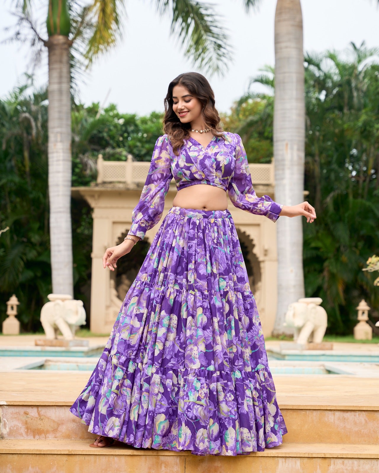 Georgette Lehenga & Blouse Purple Floral Co-Ord Set for Women