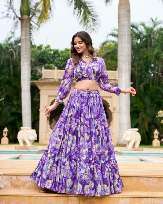 Georgette Lehenga & Blouse Purple Floral Co-Ord Set for Women