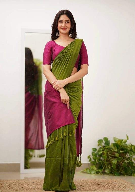 Beautiful Mal Cotton Saree in Mehendi Green with Magenta Contrast Blouse