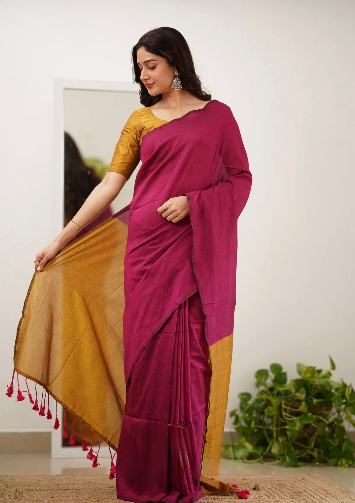 Soft Mal Cotton Saree with Running Yellow Contrast Blouse – Pink Body