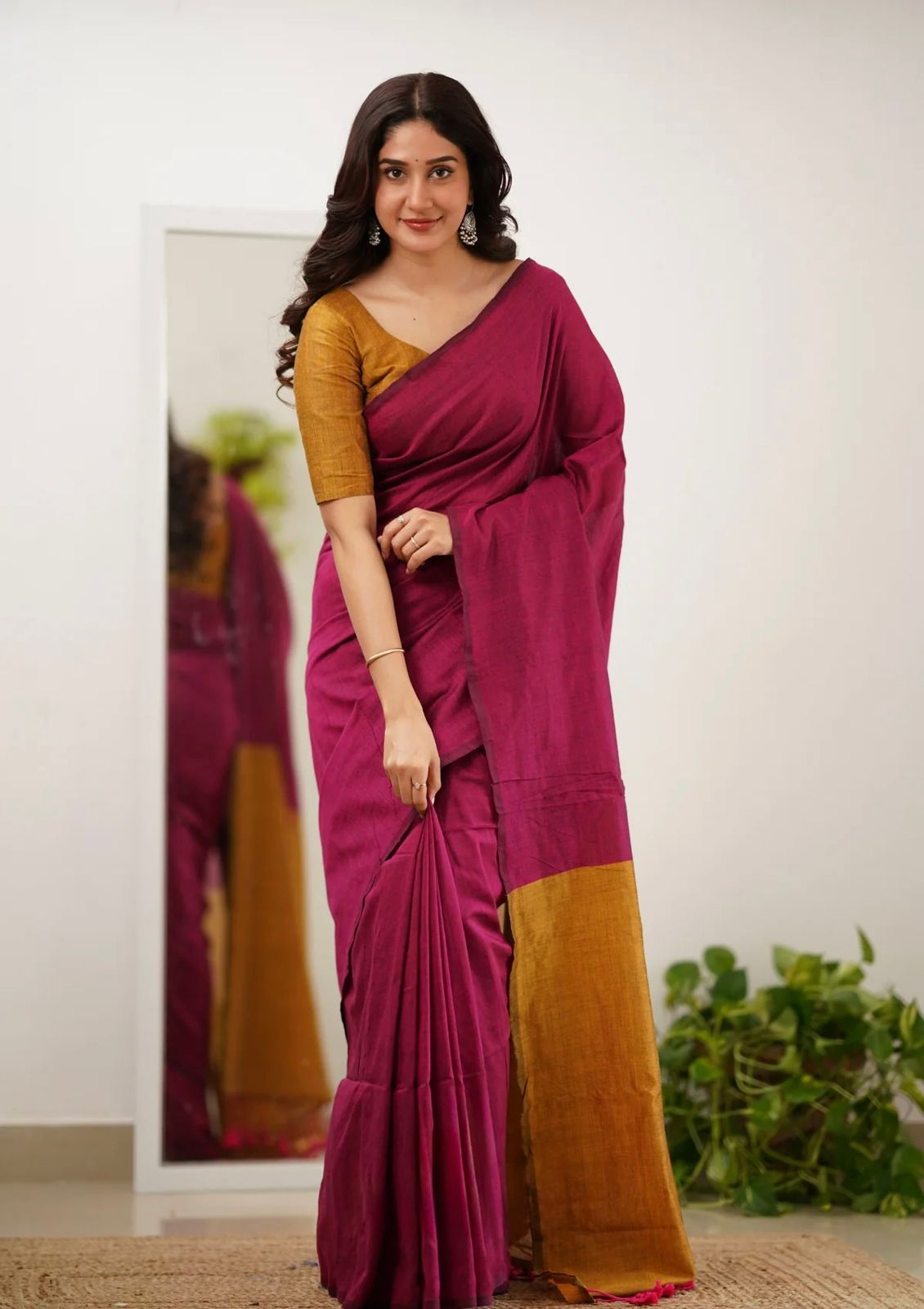 Soft Mal Cotton Saree with Running Yellow Contrast Blouse – Pink Body
