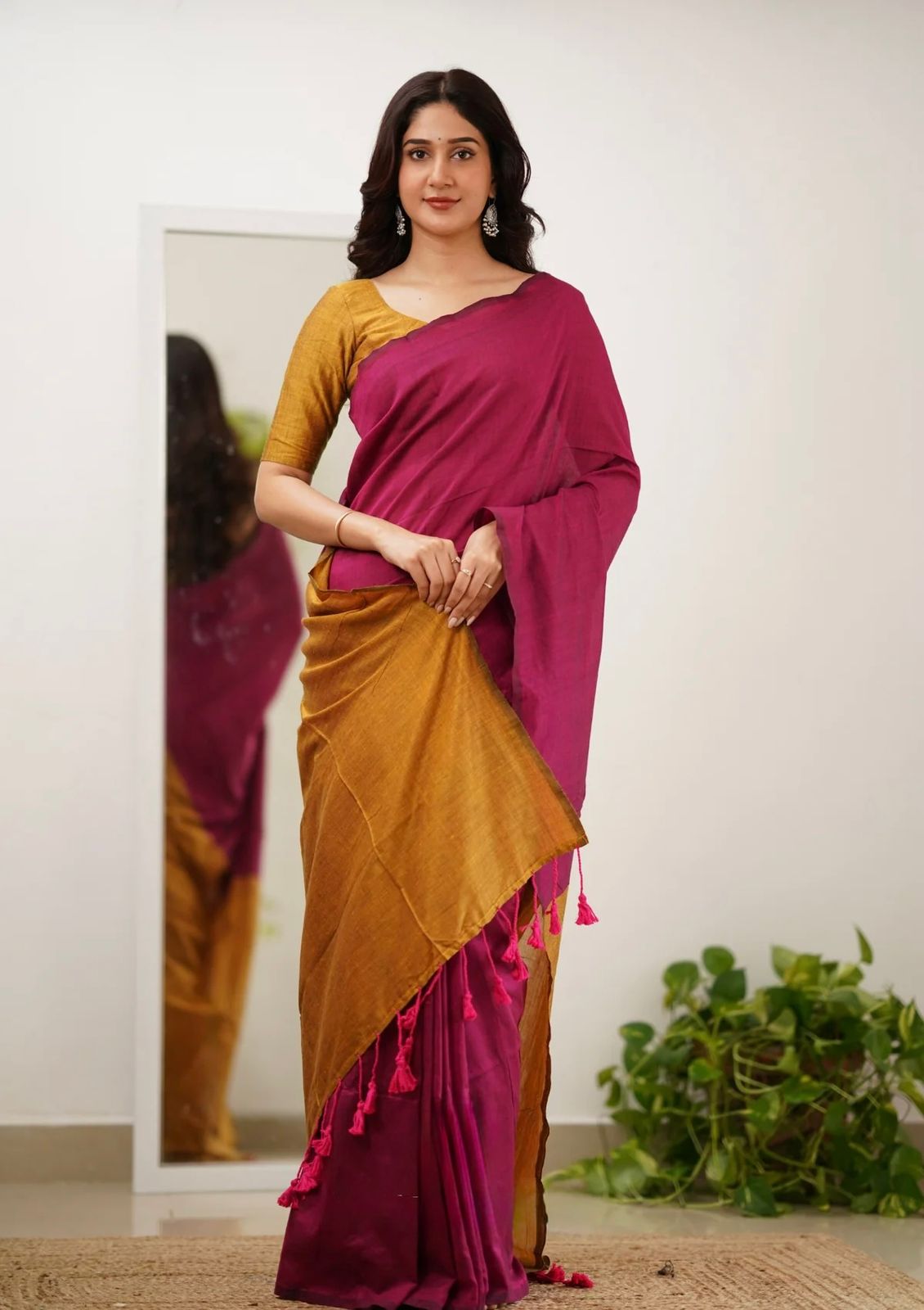 Soft Mal Cotton Saree with Running Yellow Contrast Blouse – Pink Body