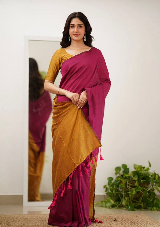 Soft Mal Cotton Saree with Running Yellow Contrast Blouse – Pink Body