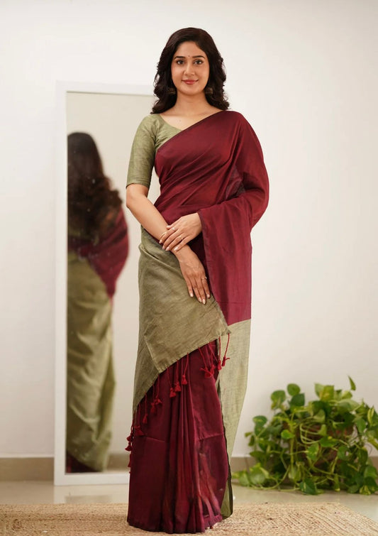 Traditional Mal Cotton Saree with Maroon Body & Beige Contrast Pallu