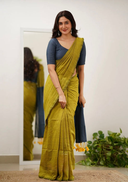 Traditional Liril Green Mal Cotton Saree with Ash Contrast Blouse & Pallu