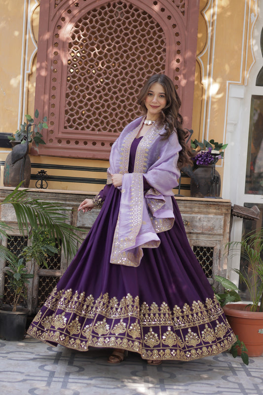 Full Sleeves Ethnic Premium Violet Designer Gown with Lavender Dupatta