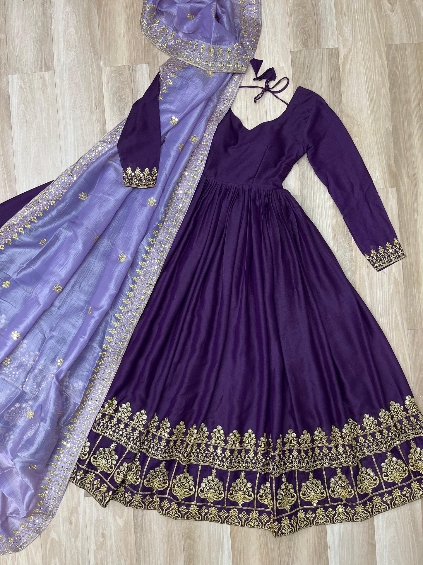 Full Sleeves Ethnic Premium Violet Designer Gown with Lavender Dupatta