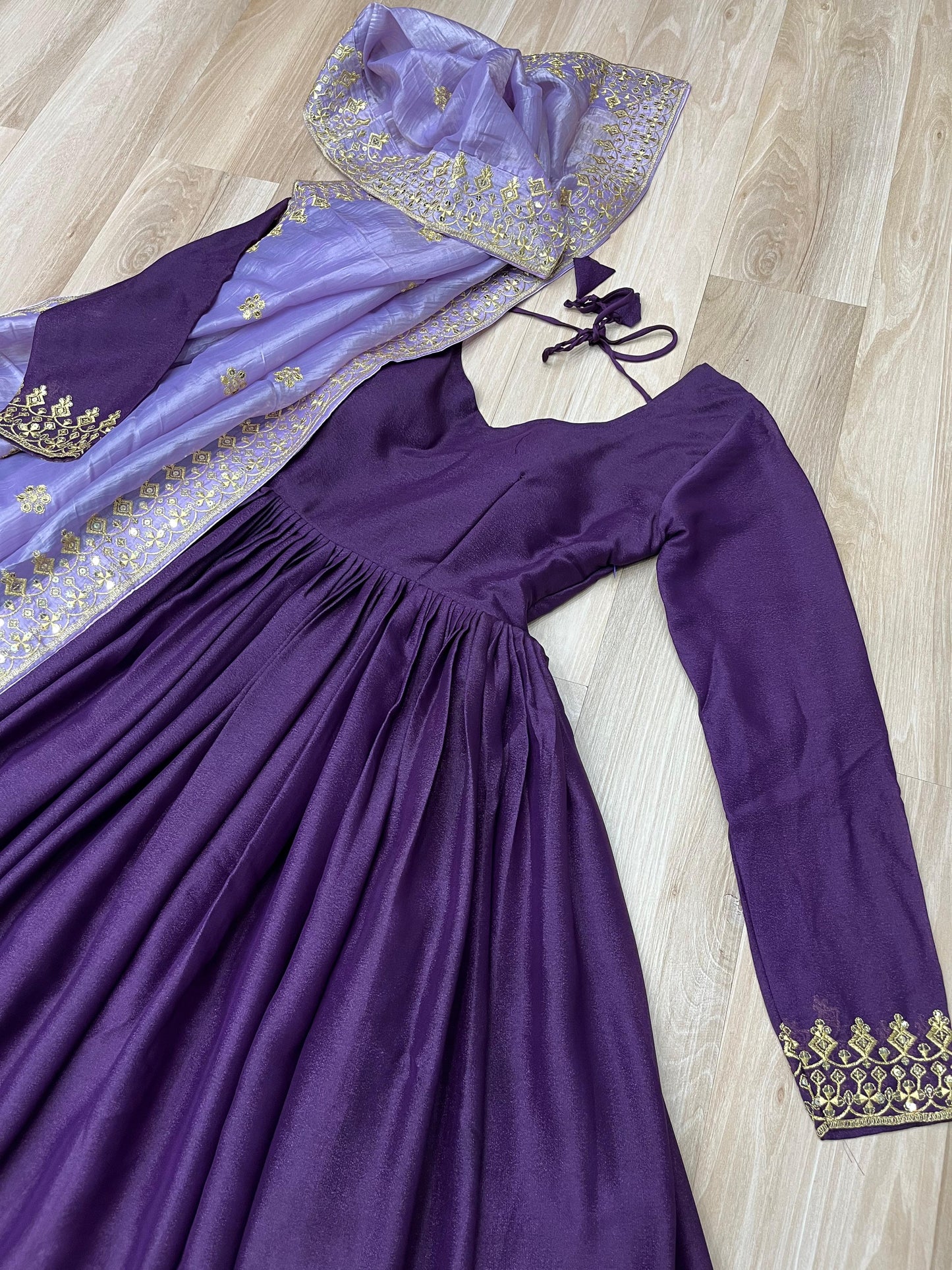 Full Sleeves Ethnic Premium Violet Designer Gown with Lavender Dupatta