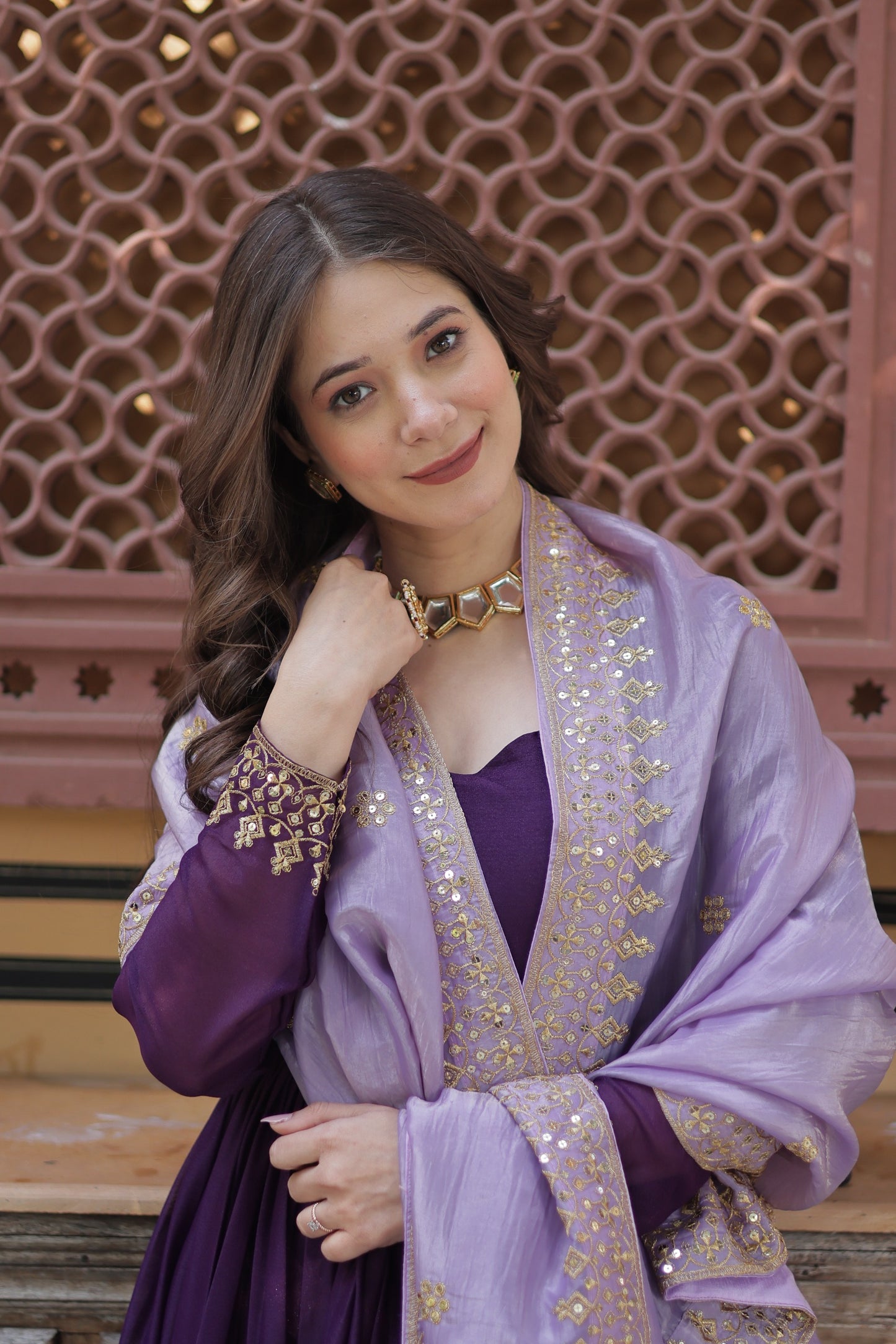 Full Sleeves Ethnic Premium Violet Designer Gown with Lavender Dupatta