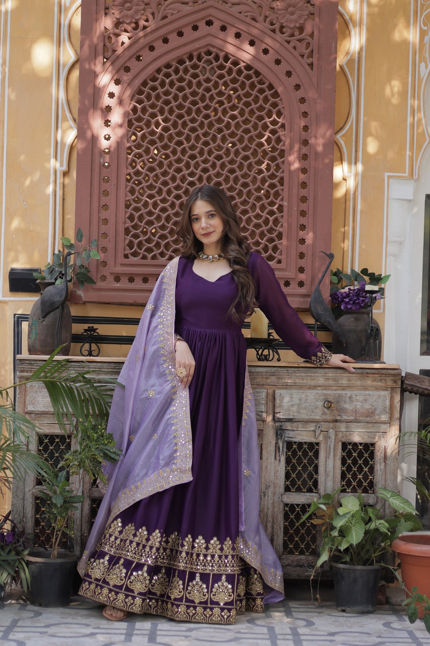 Full Sleeves Ethnic Premium Violet Designer Gown with Lavender Dupatta