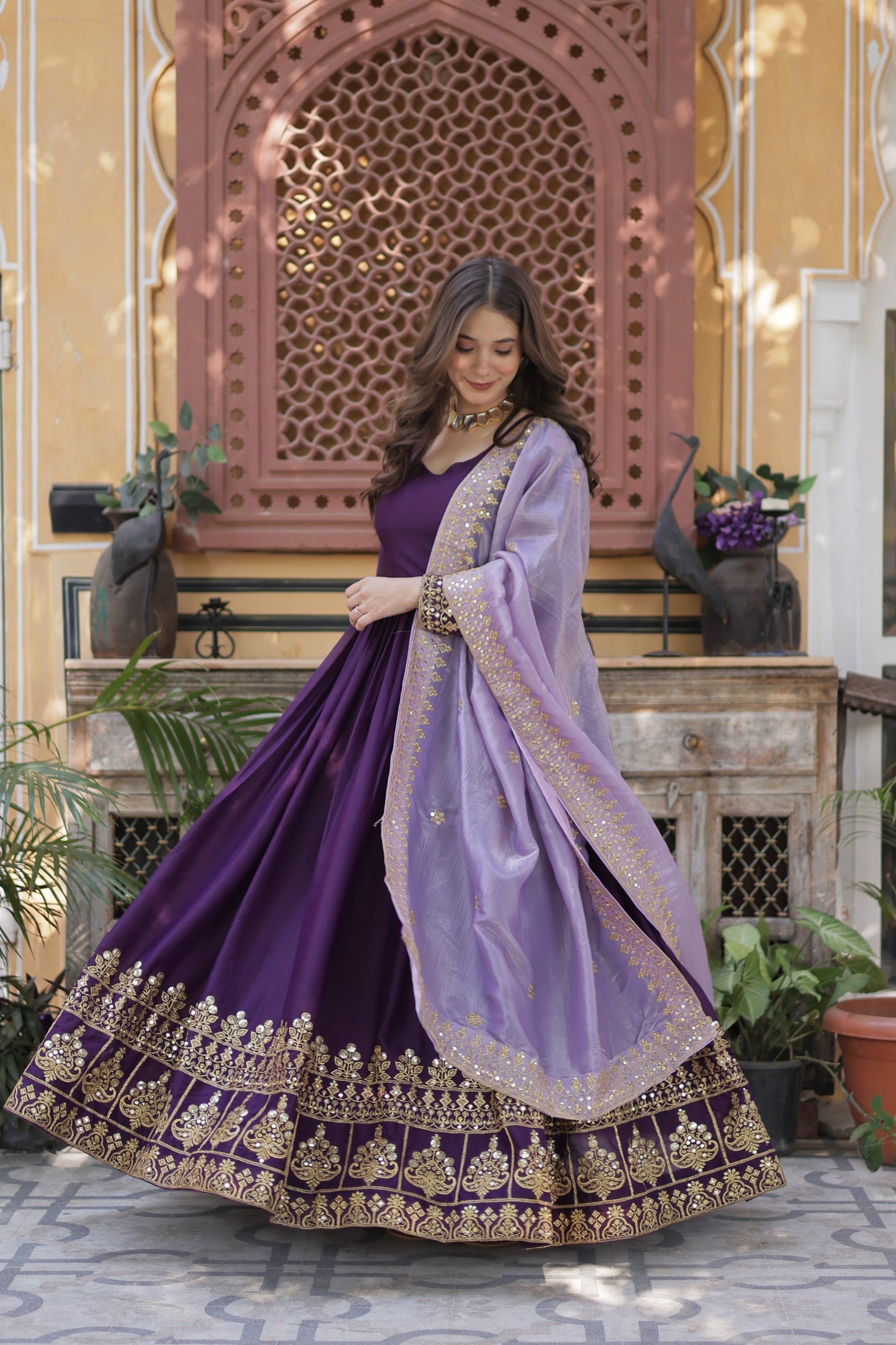 Full Sleeves Ethnic Premium Violet Designer Gown with Lavender Dupatta