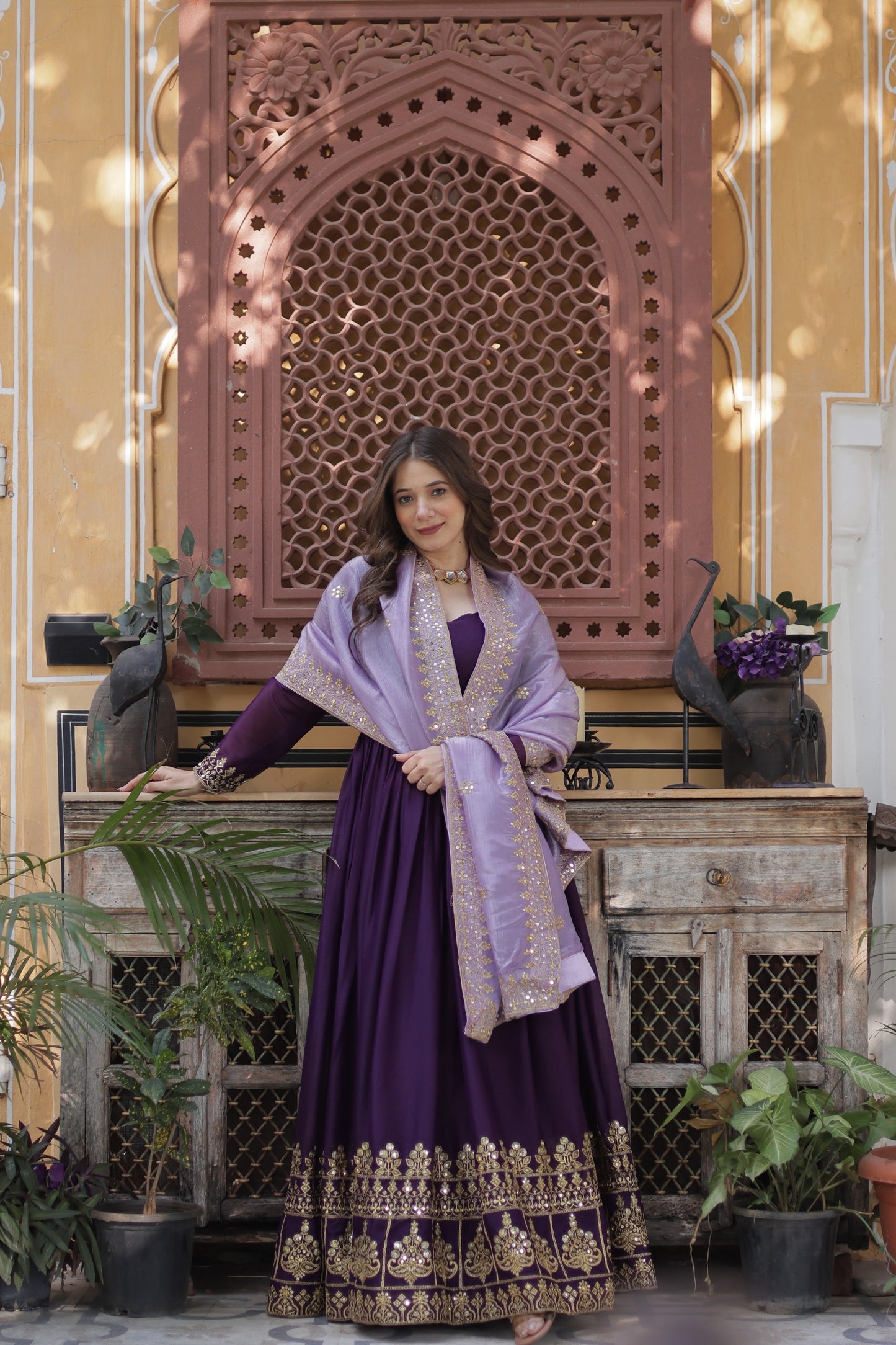 Full Sleeves Ethnic Premium Violet Designer Gown with Lavender Dupatta