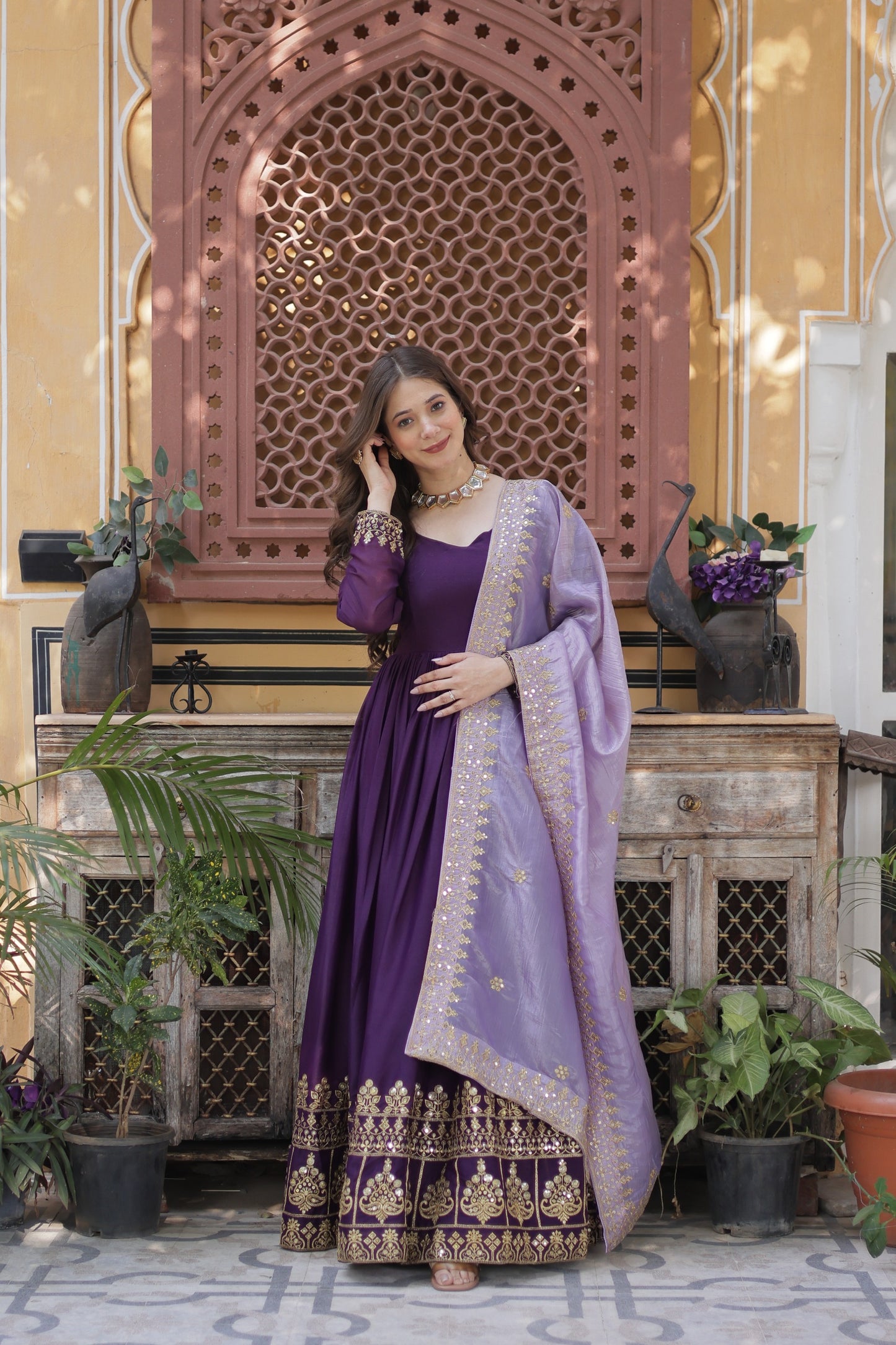 Full Sleeves Ethnic Premium Violet Designer Gown with Lavender Dupatta