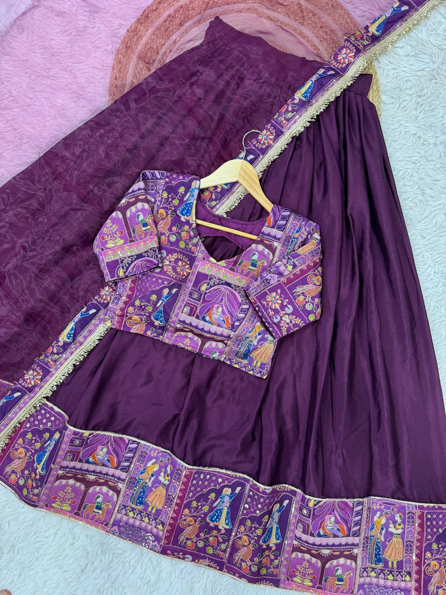 Chinon Silk Embroidered Lehenga with Organza Dupatta – Purple