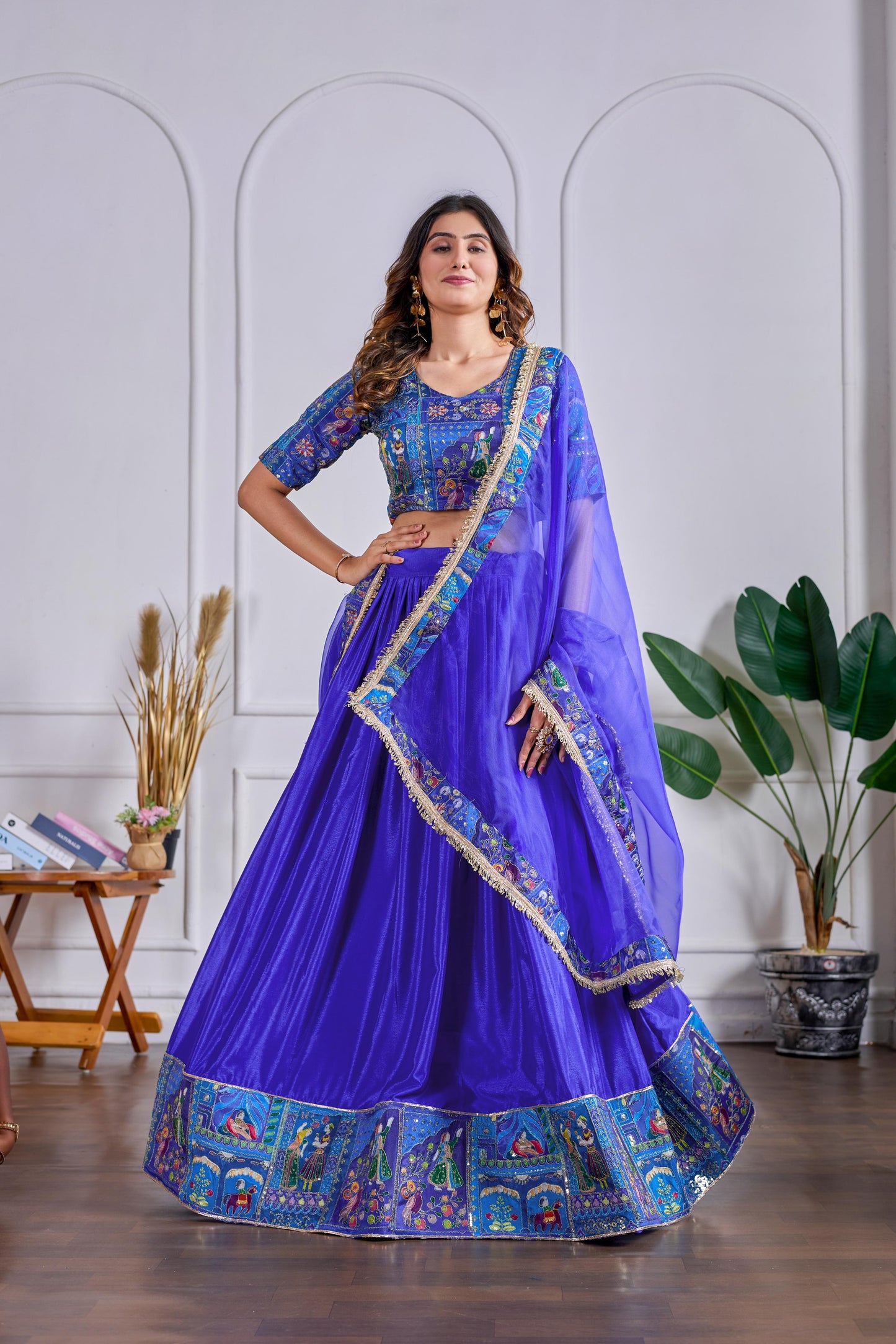Chinon Silk Embroidered Lehenga with Organza Dupatta – Blue