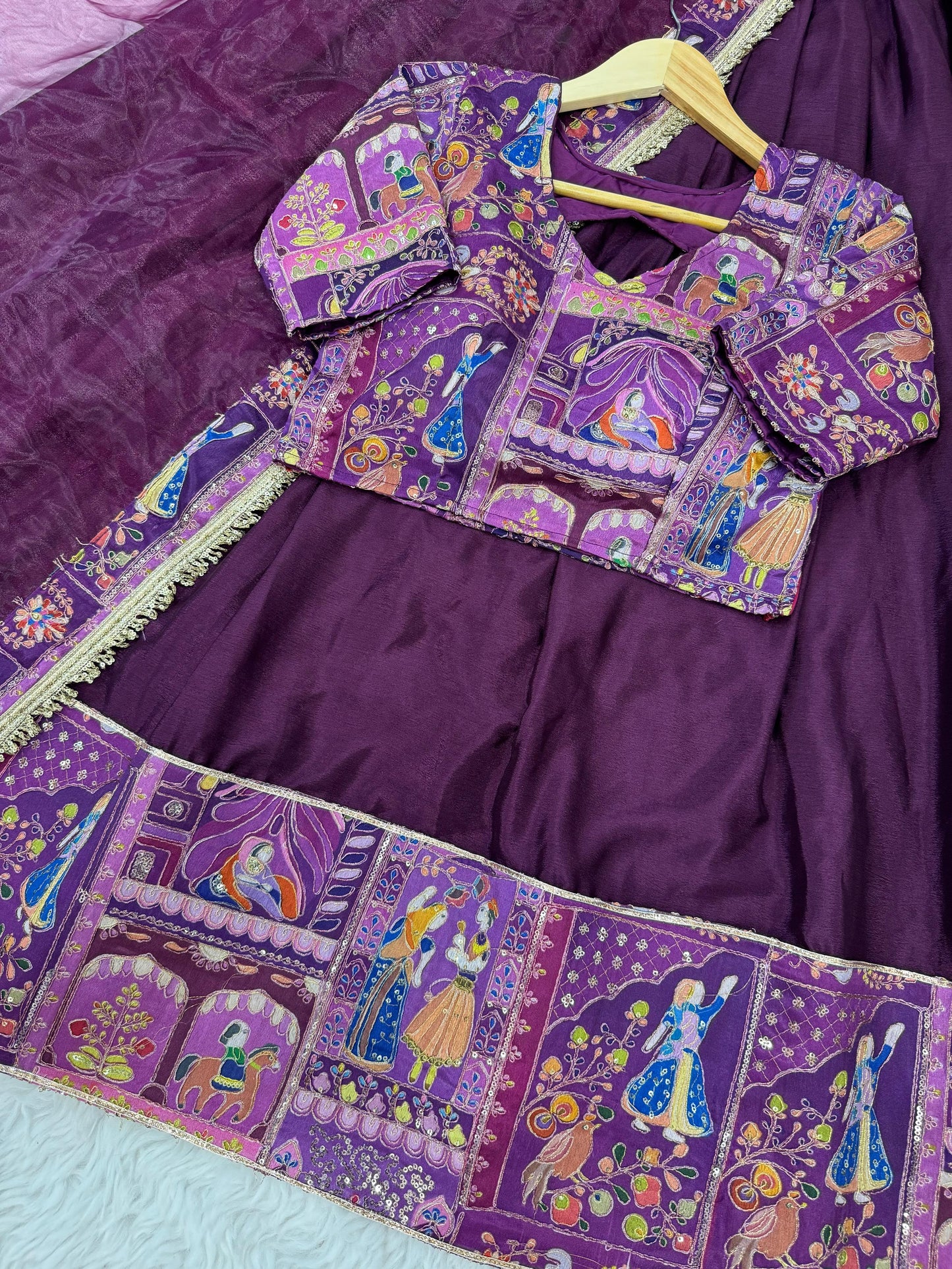 Chinon Silk Embroidered Lehenga with Organza Dupatta – Purple