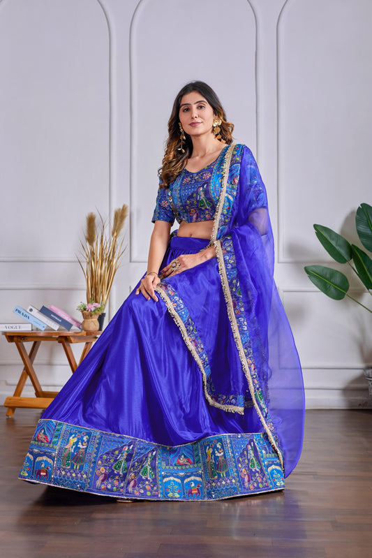 Chinon Silk Embroidered Lehenga with Organza Dupatta – Blue