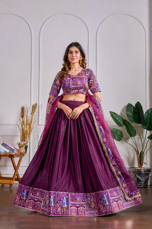 Chinon Silk Embroidered Lehenga with Organza Dupatta – Purple
