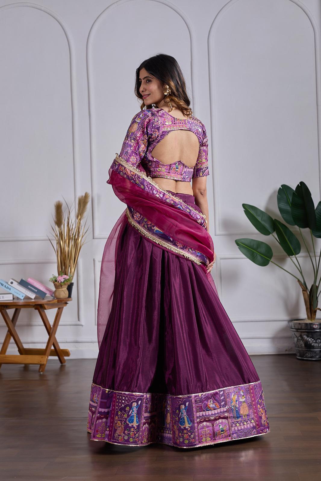 Chinon Silk Embroidered Lehenga with Organza Dupatta – Purple