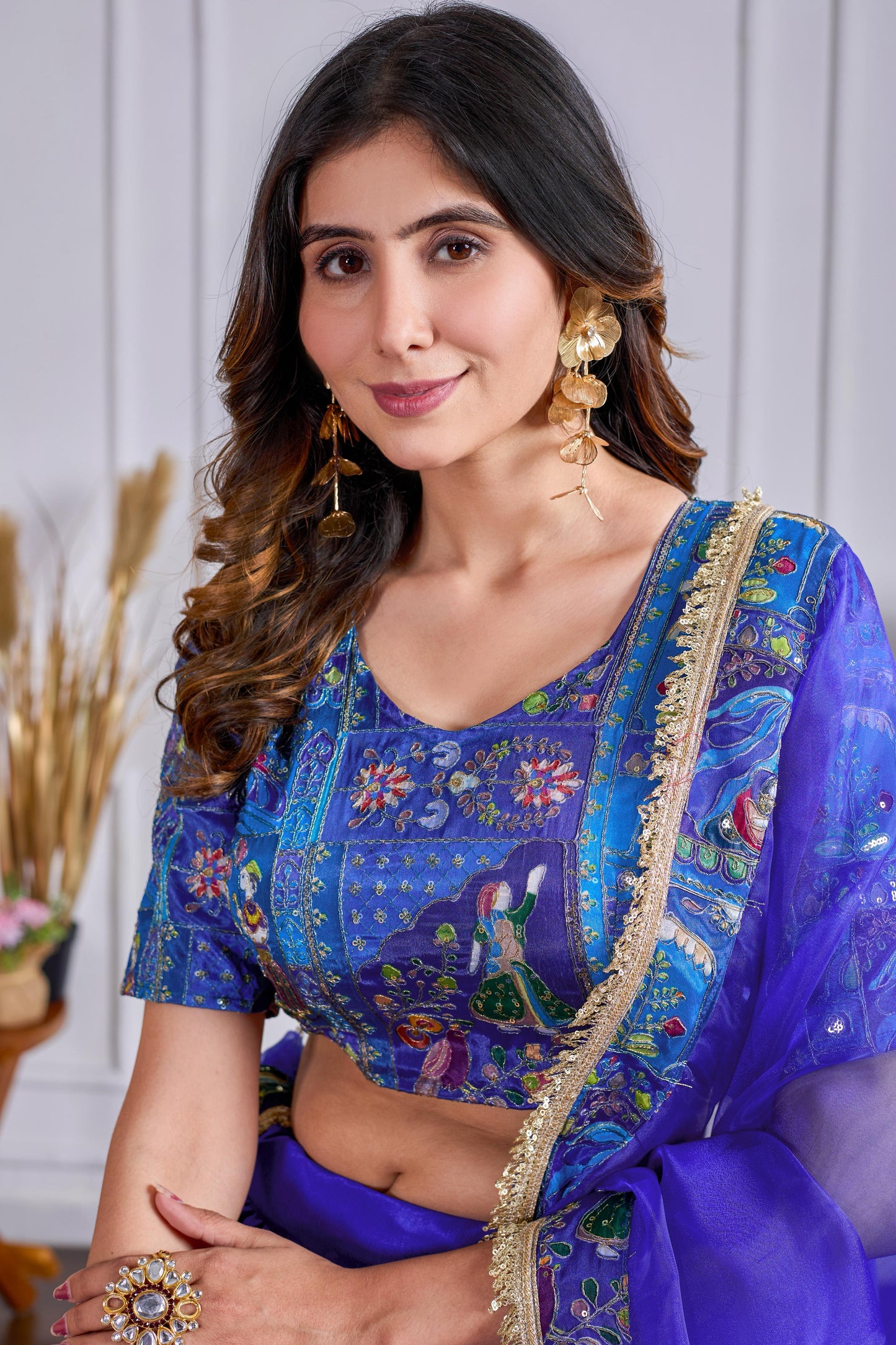 Chinon Silk Embroidered Lehenga with Organza Dupatta – Blue