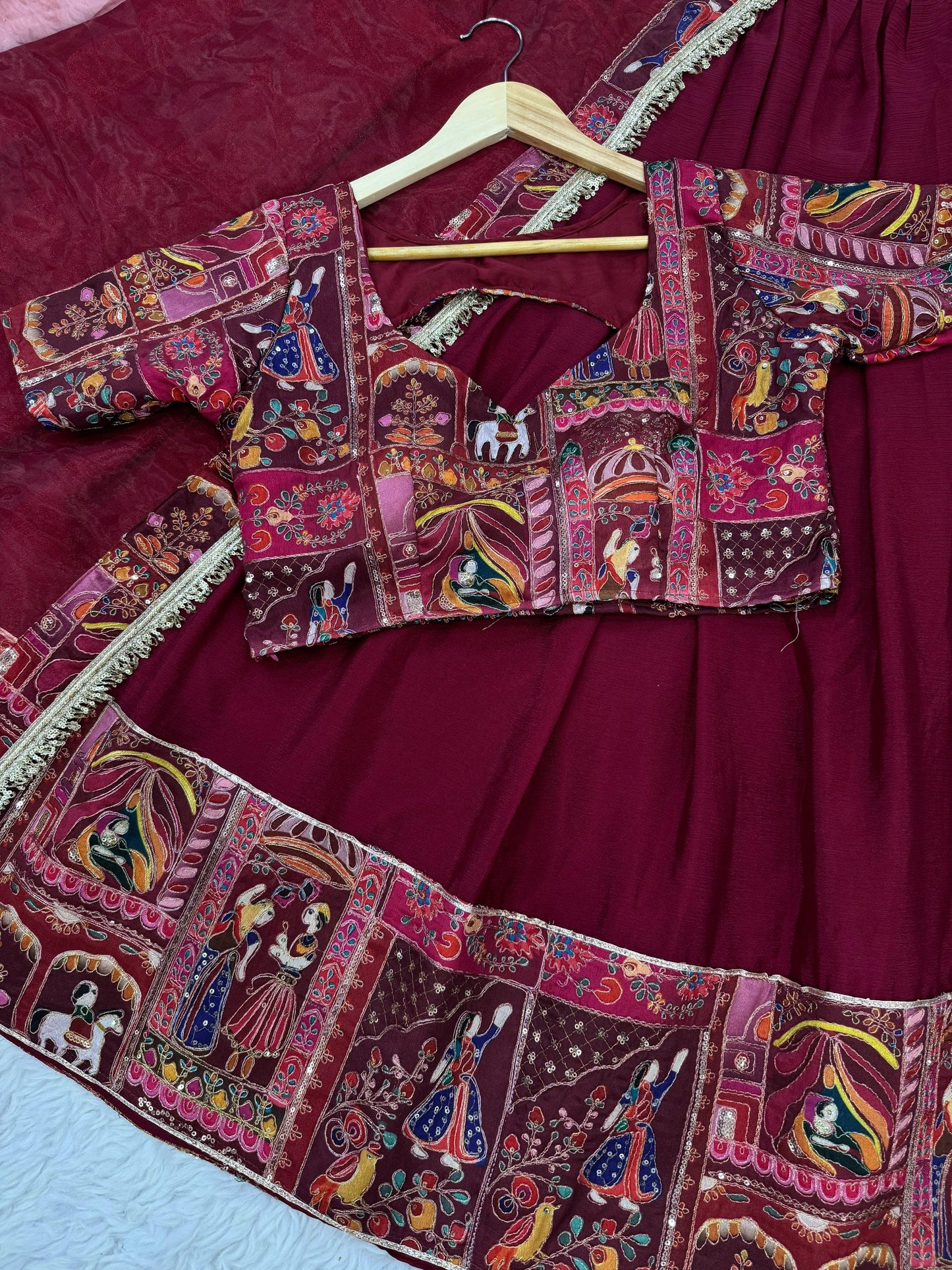 Chinon Silk Lehenga with Raja Rani Embroidery & Organza Dupatta-Maroon