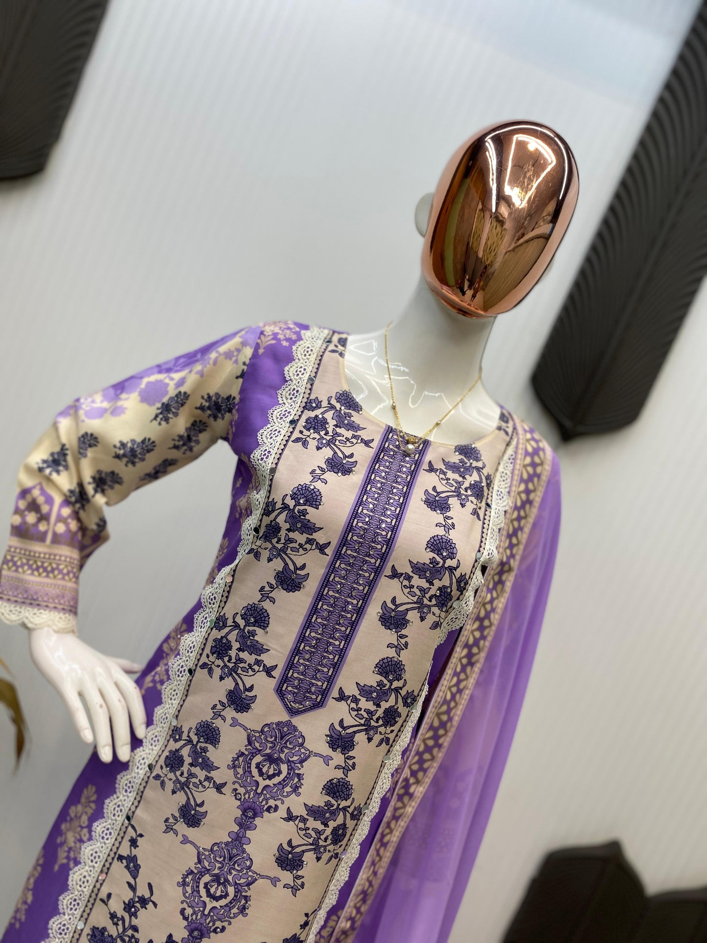 Designer Maslin Kurta Set with Real Mirror & Latkan Lace – White Lavender Elegance