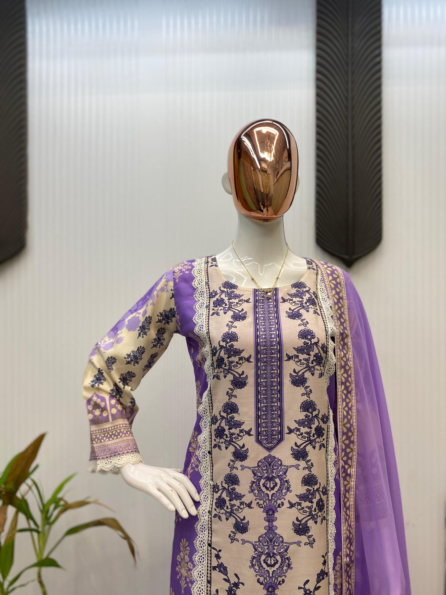 Designer Maslin Kurta Set with Real Mirror & Latkan Lace – White Lavender Elegance