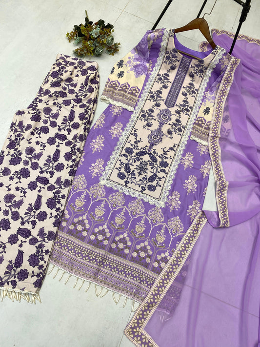 Designer Maslin Kurta Set with Real Mirror & Latkan Lace – White Lavender Elegance