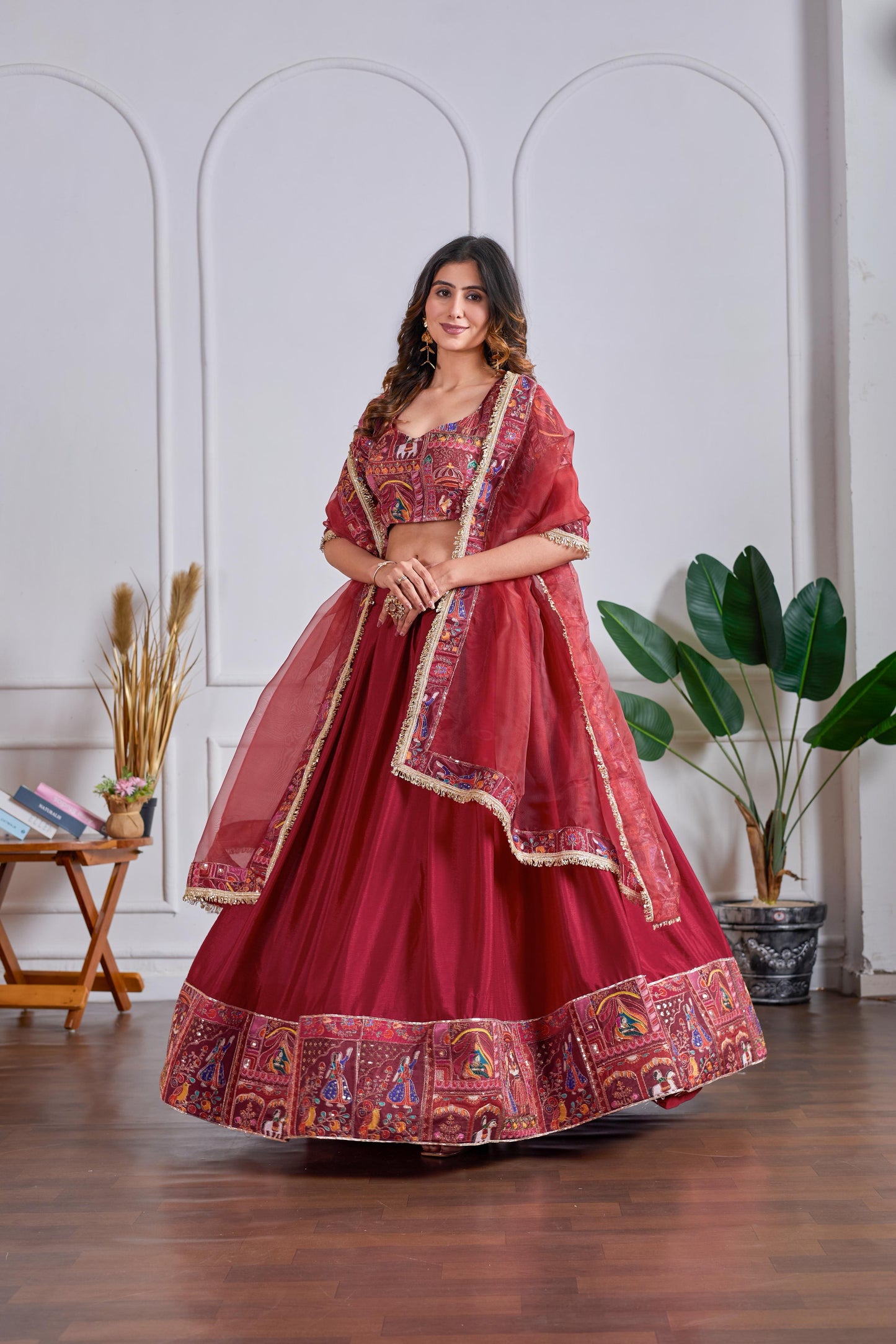 Chinon Silk Designer Lehenga with Raja Rani Embroidery - Red