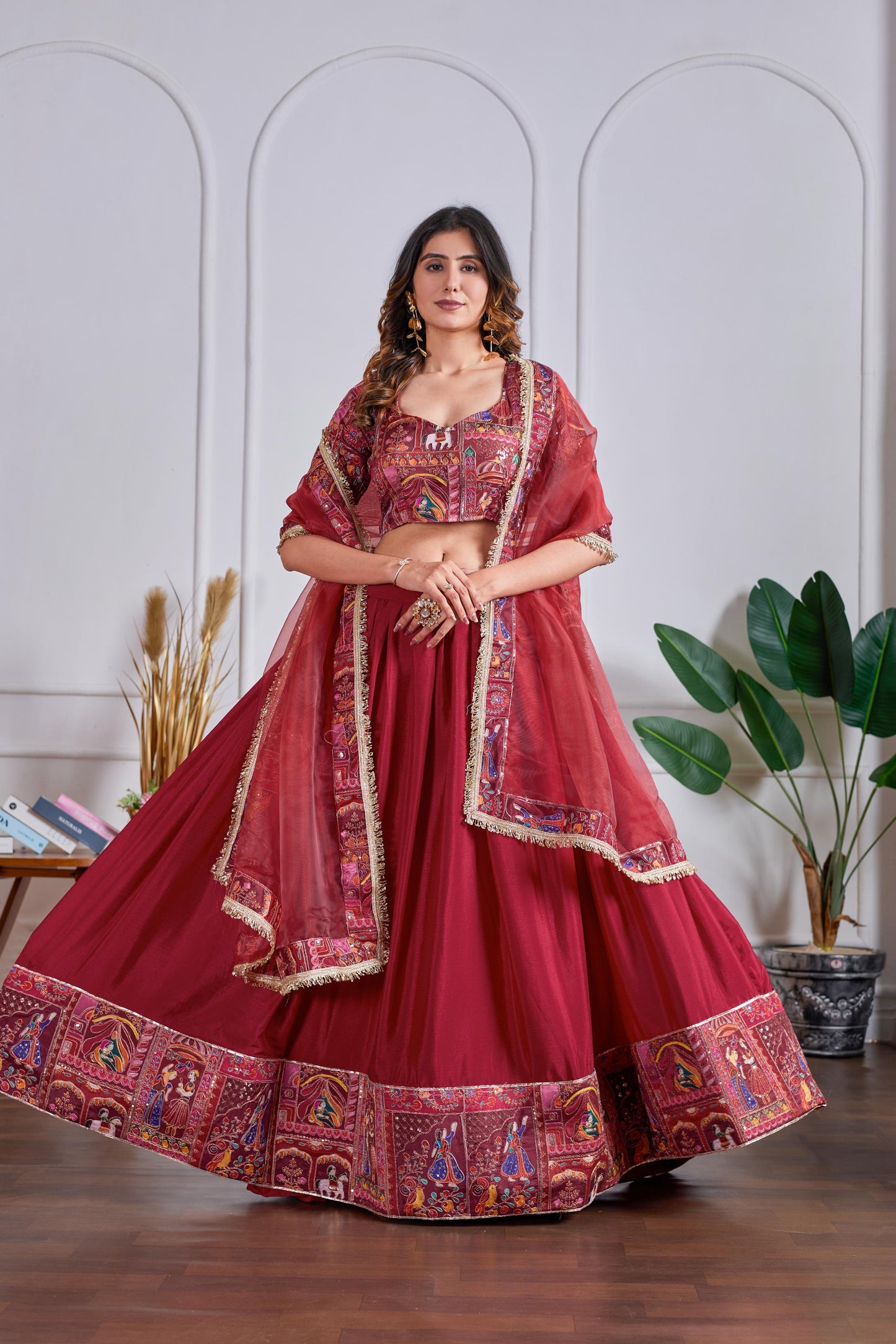 Chinon Silk Designer Lehenga with Raja Rani Embroidery - Red