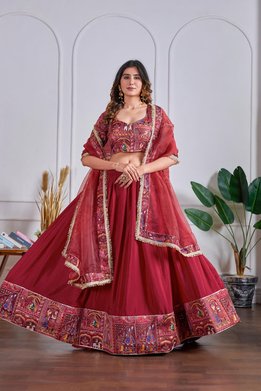 Chinon Silk Designer Lehenga with Raja Rani Embroidery - Red