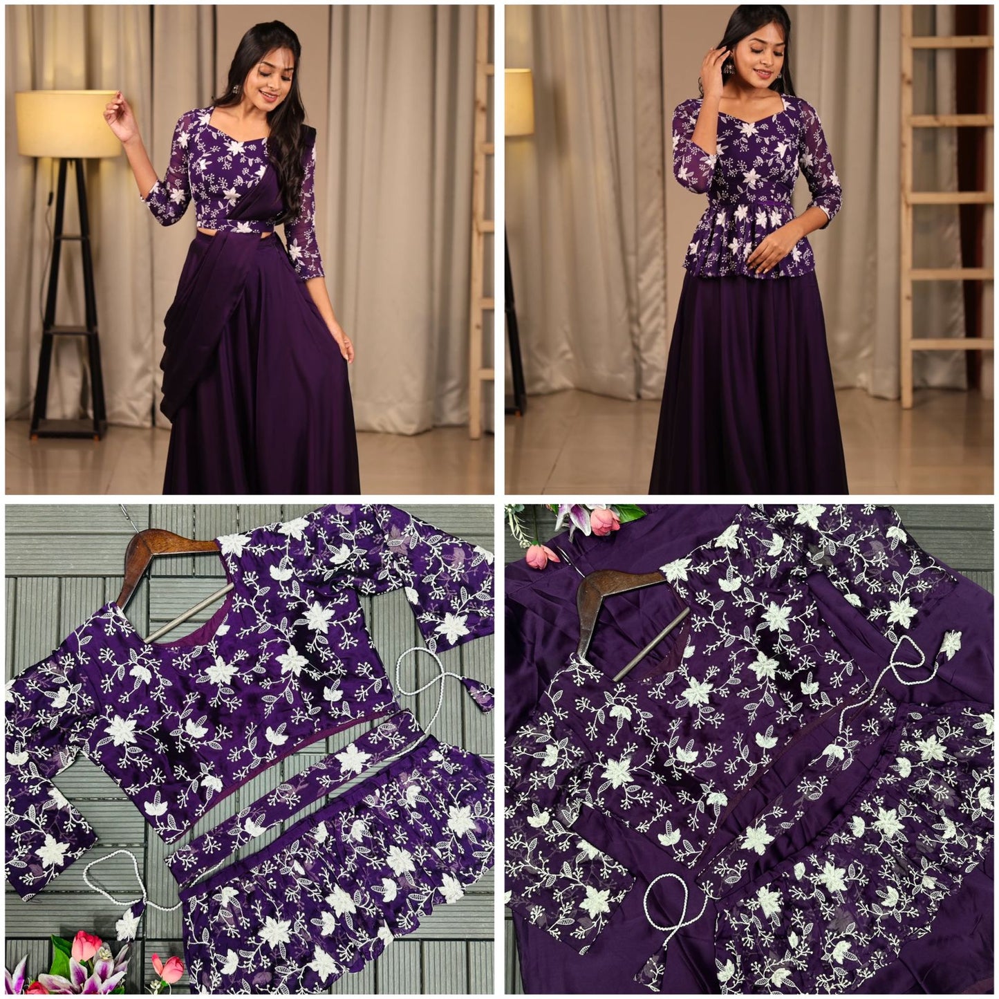 Violet Designer Embroidered Lehenga Choli Set with Stitched Blouse & Dupatta