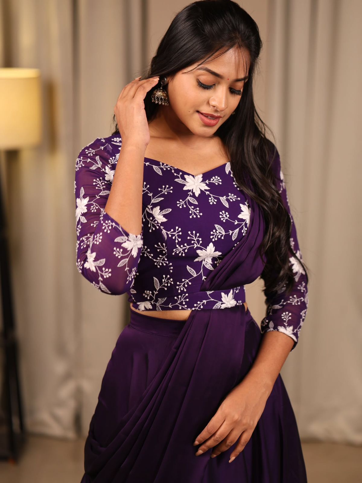 Violet Designer Embroidered Lehenga Choli Set with Stitched Blouse & Dupatta