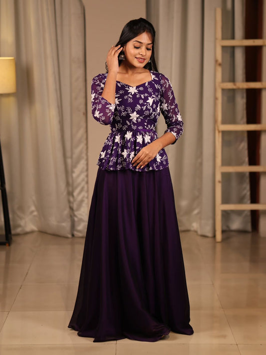 Violet Designer Embroidered Lehenga Choli Set with Stitched Blouse & Dupatta
