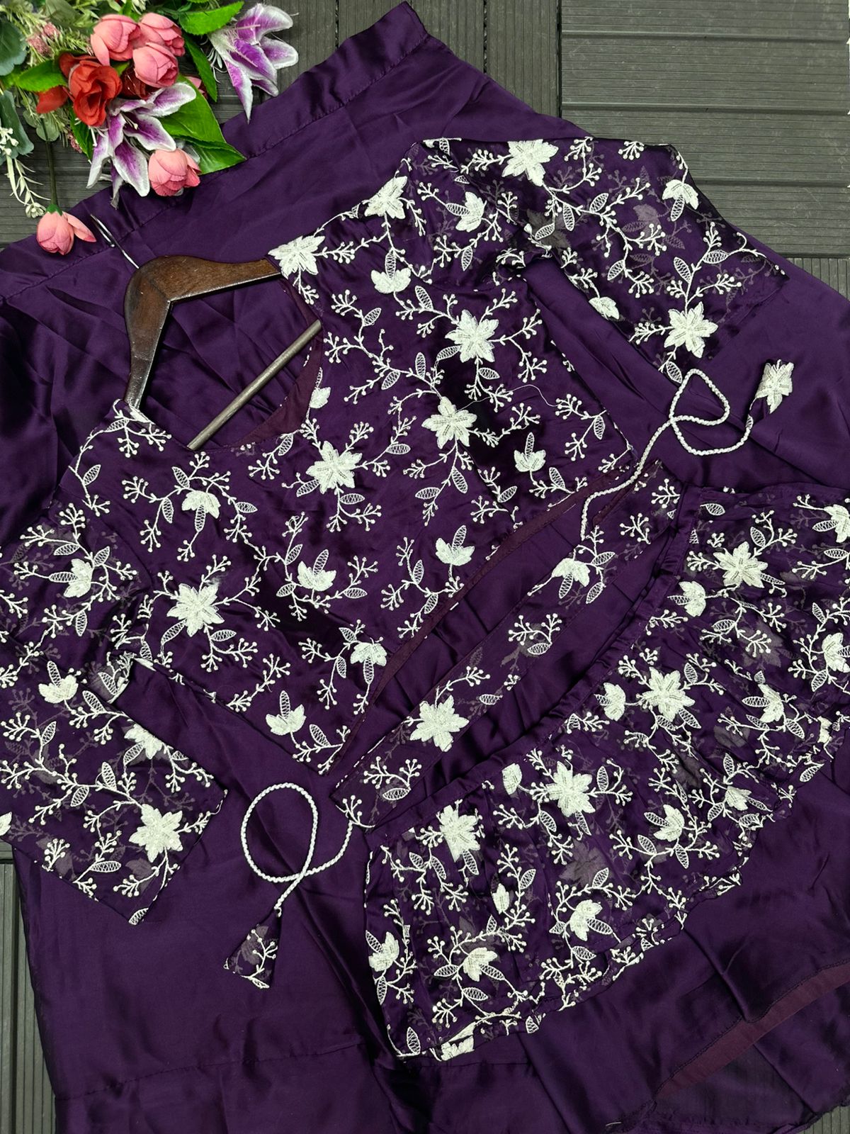 Violet Designer Embroidered Lehenga Choli Set with Stitched Blouse & Dupatta