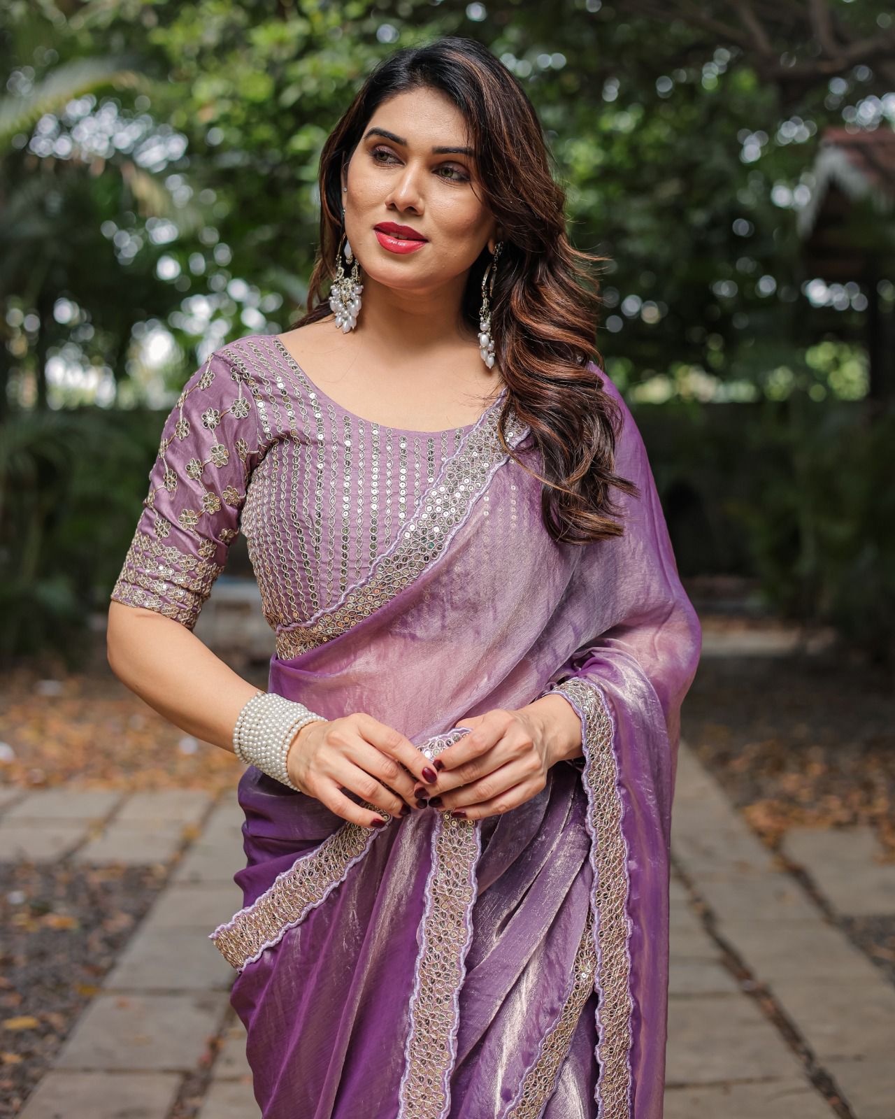 Fandy Chiffon saree - Sequence Lace Border with Embroidered Blouse