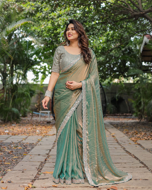 Fandy Chiffon saree - Sequence Lace Border with Embroidered Blouse