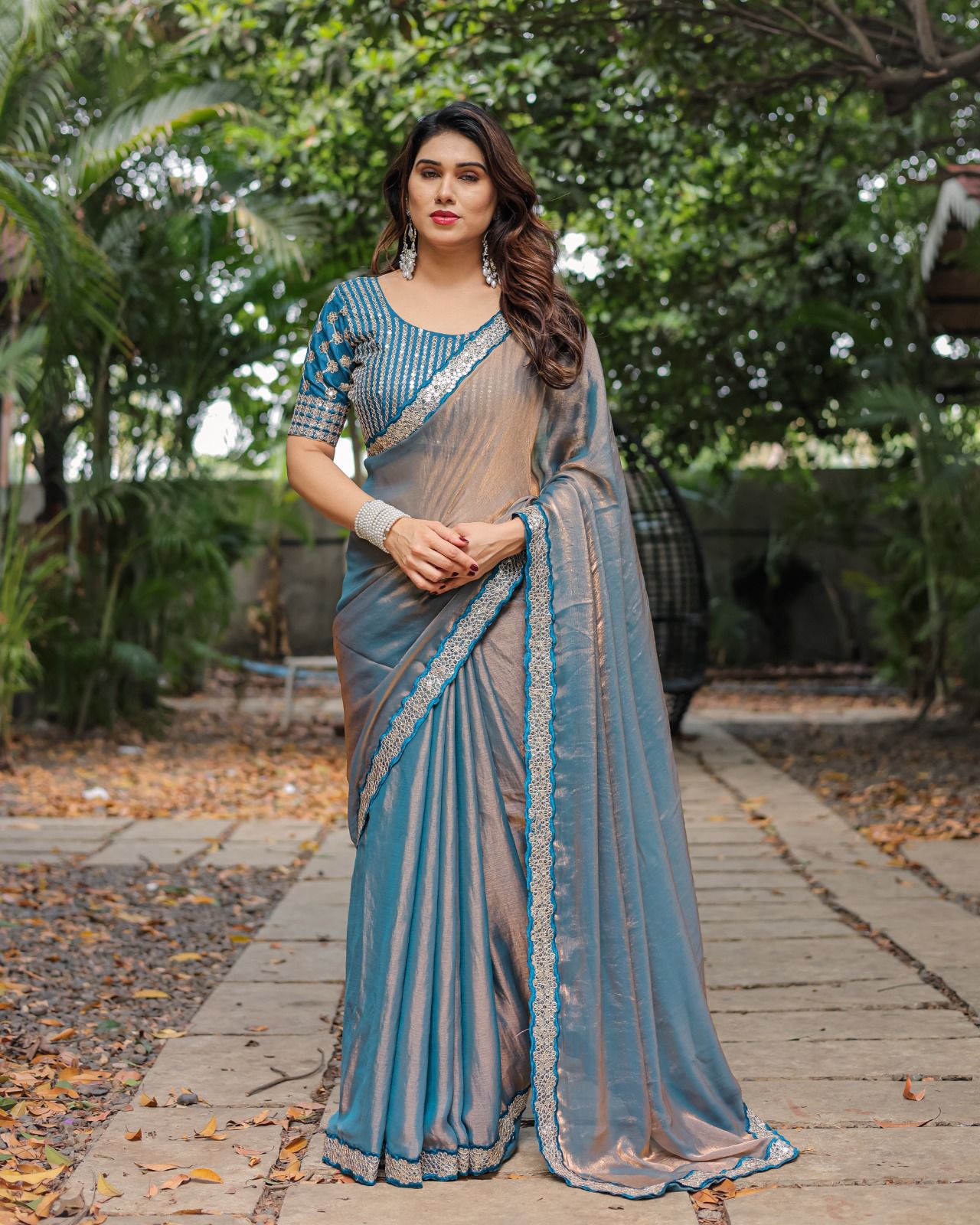 Fandy Chiffon Saree - Sequence Lace Border with Embroidered Blouse