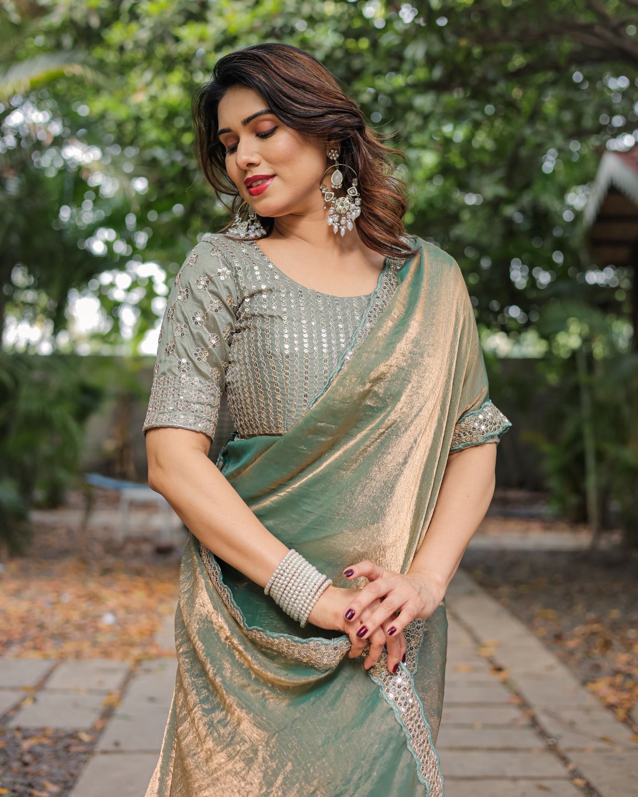 Fandy Chiffon saree - Sequence Lace Border with Embroidered Blouse