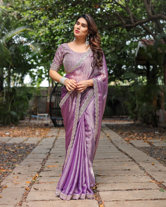 Fandy Chiffon saree - Sequence Lace Border with Embroidered Blouse