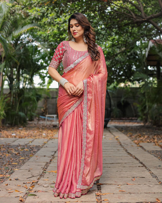 Fandy Chiffon saree -Sequence Lace Border with Embroidered Blouse