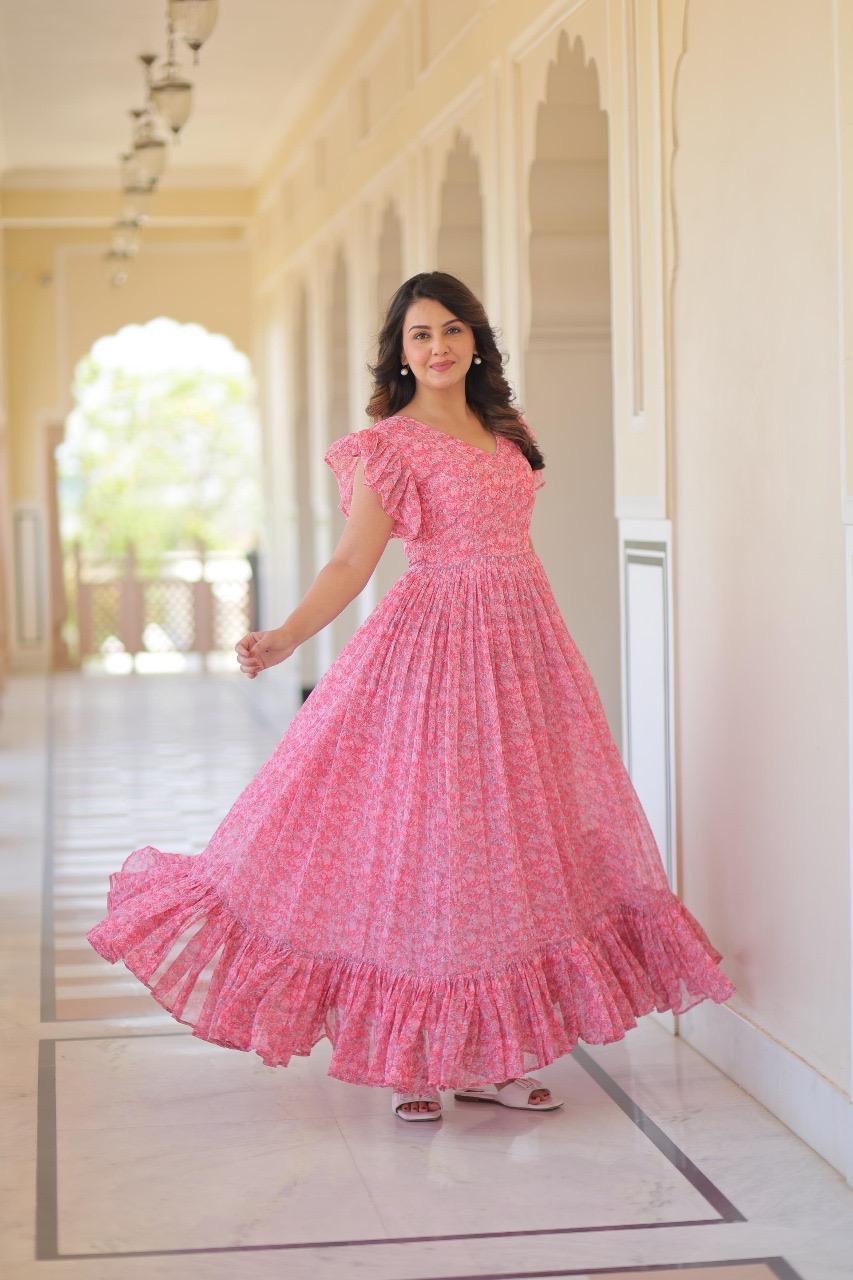 Faux Georgette Printed Flared Gown with Bell Sleeves – Baby Pink